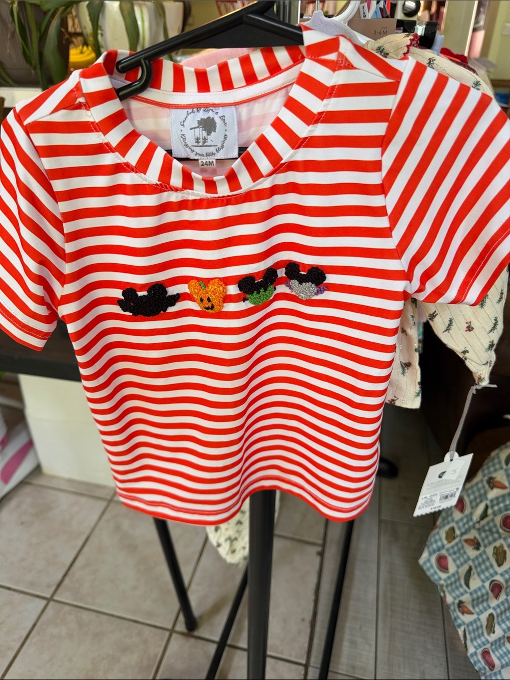 Red & White Striped Short-Sleeve Tee with Embroidered Character Accents